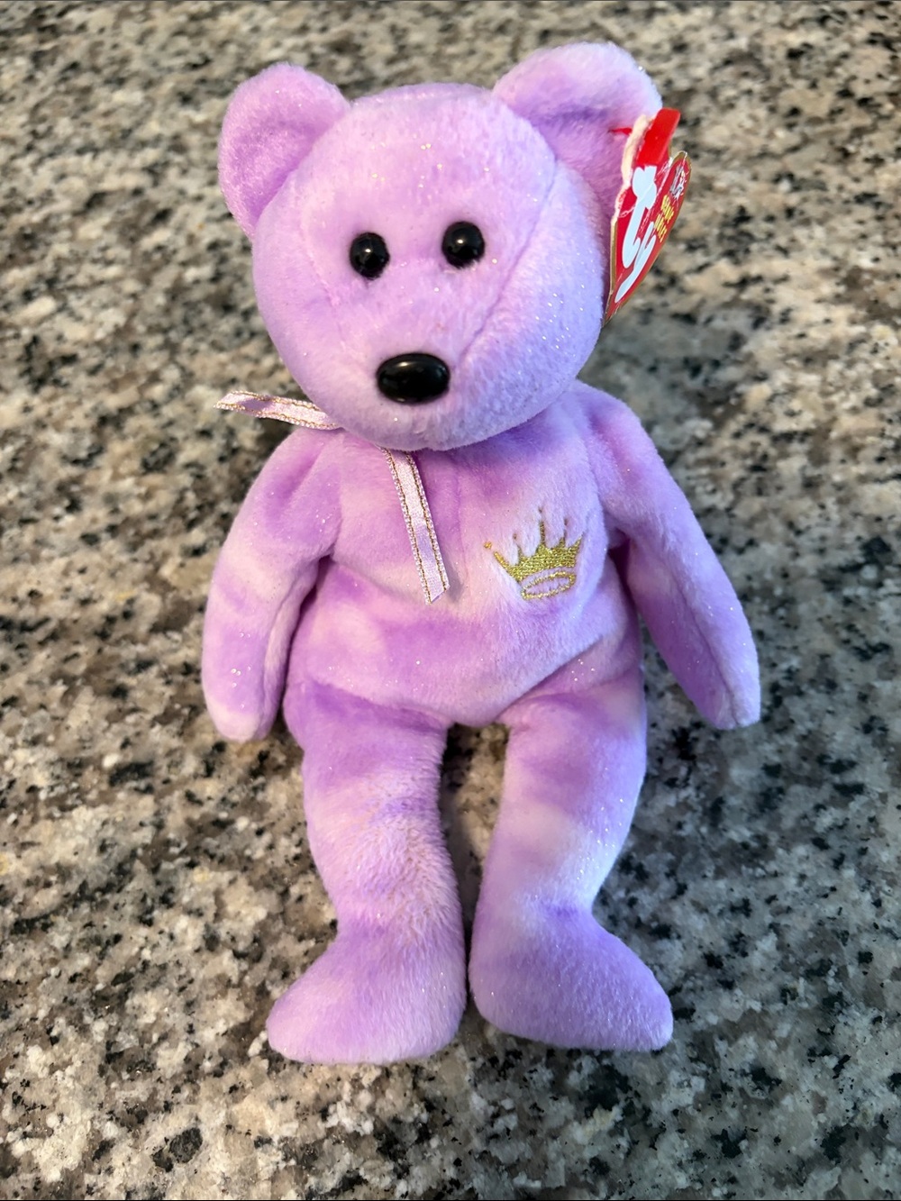 Ty Purple Plush Bear with Gold Crown Embroidery